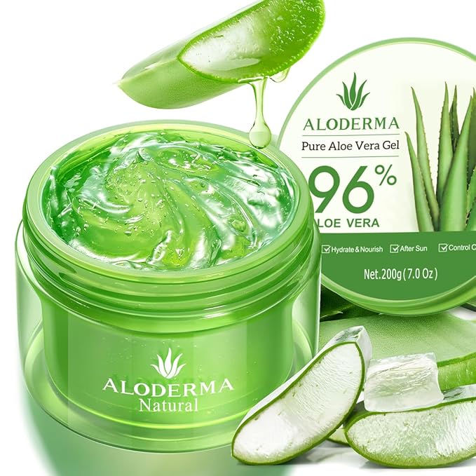 Aloderma Organic Aloe Vera Gel in 7.05oz jar—natural after-sun soothing gel made from 96% fresh aloe