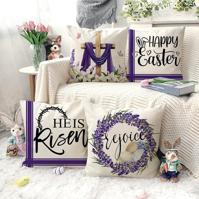 A set of 4 Easter-themed throw pillow covers featuring spring farmhouse designs in shades of purple