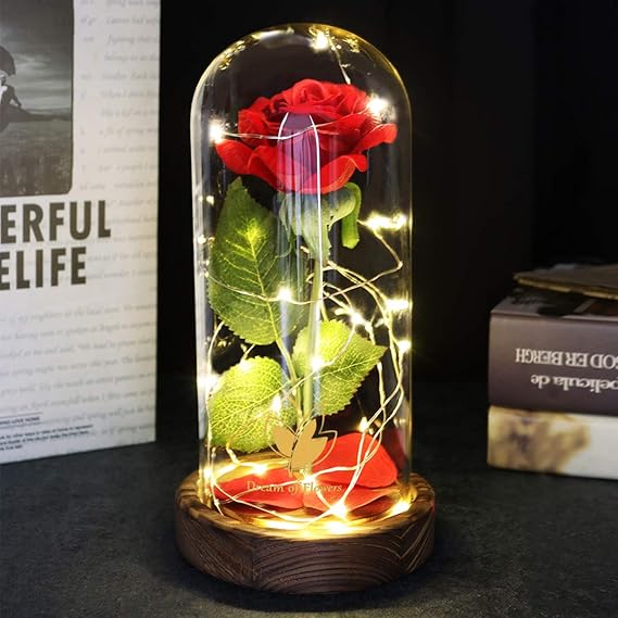 ed artificial silk rose with realistic petals, displayed in a glass dome with an LED strip light