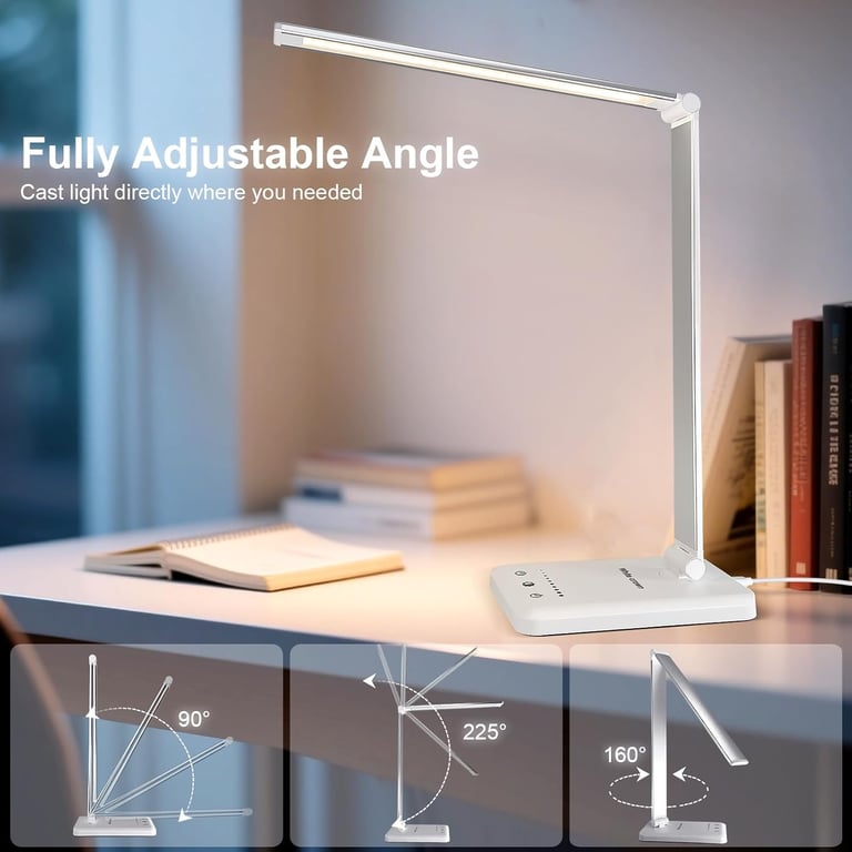 White Crown LED desk lamp with touch controls, USB charging port, and adjustable brightness modes