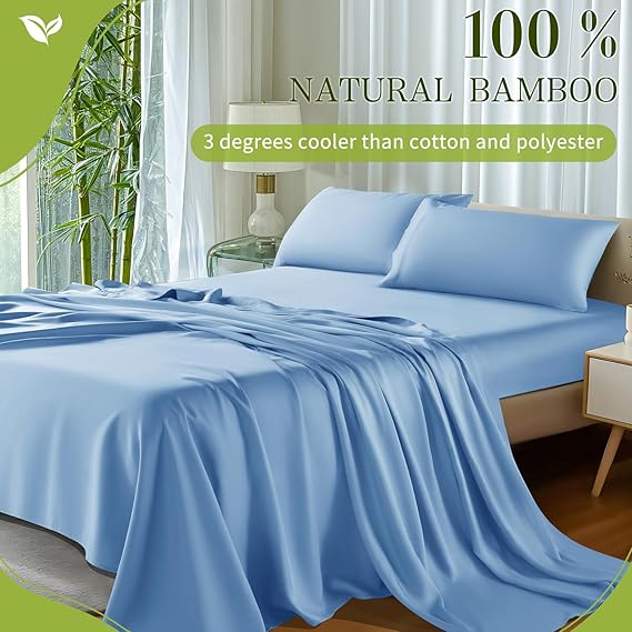 Luxury full-size bamboo sheet set, ultra-soft, breathable, and cooling. Includes deep-pocket fitted 