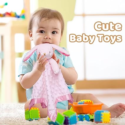 Soft pink bunny security blanket with a plush head, designed for infants and toddlers 