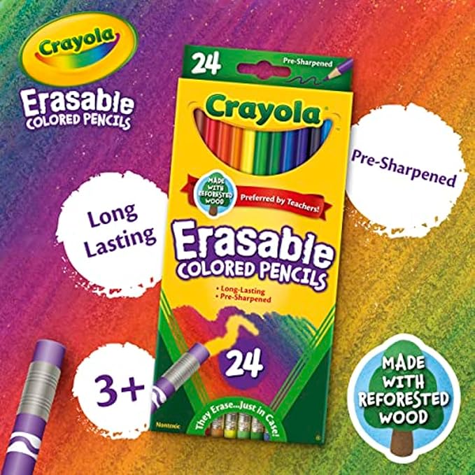 Box of 24 Crayola erasable colored pencils in assorted vibrant colors, kid-friendly and classroom