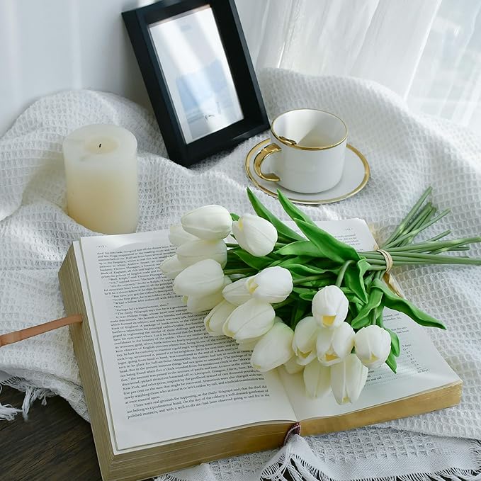 Mandy's 20pcs White Artificial Tulip Silk Fake Flowers – Realistic PU tulips for home, kitchen