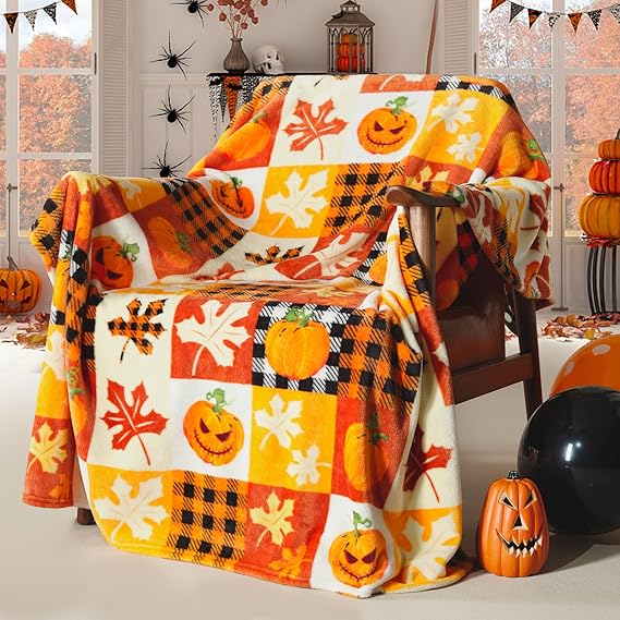 ROMROL Halloween fleece throw blanket with pumpkin and fall leaves plaid design, soft and cozy 
