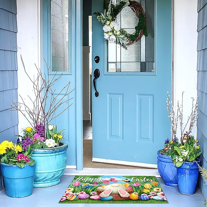 A colorful Easter-themed doormat featuring cute bunnies and eggs, perfect for adding a festive touch