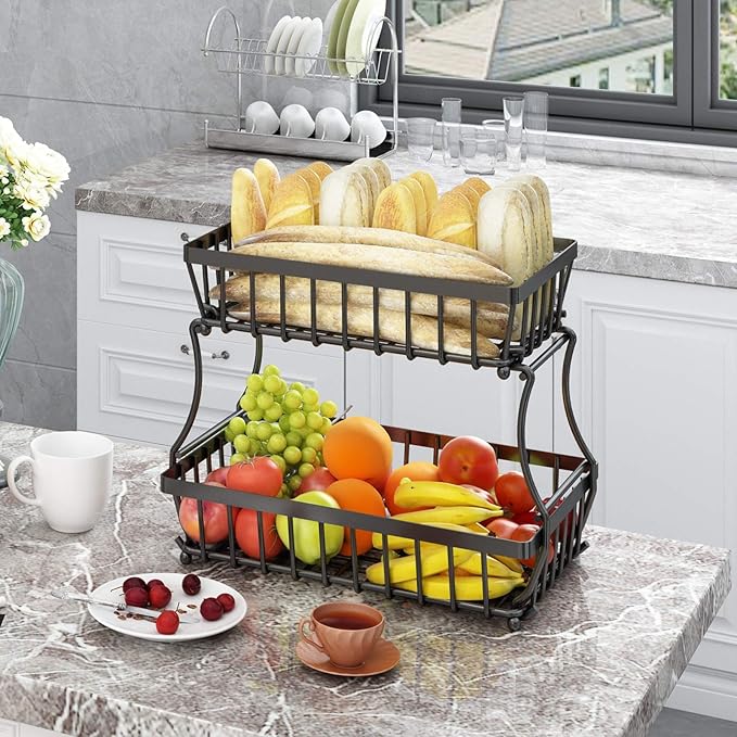 Apsan 2-Tier Black Metal Fruit Basket with detachable design, sturdy iron wire construction