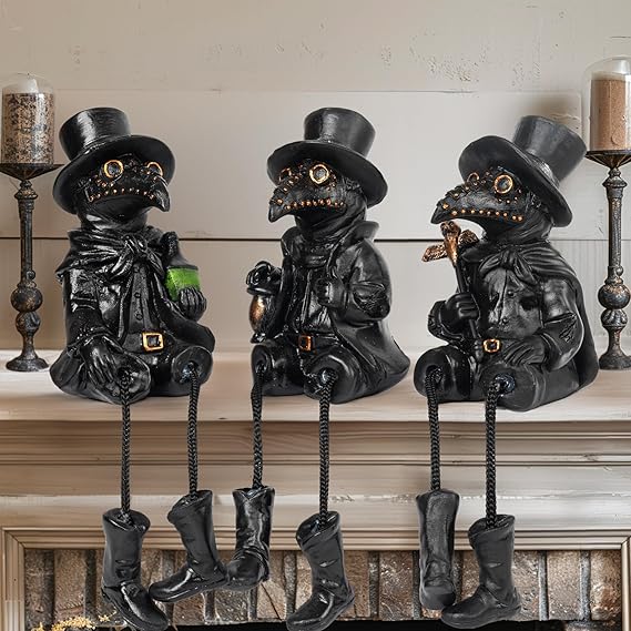 Dazzle Bright 3-piece resin plague doctor figurines with dangling legs, gothic Halloween indoor déco