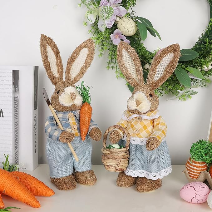 Set of 2 rustic straw bunny figurines, dressed in charming pastel outfits, perfect for Easter