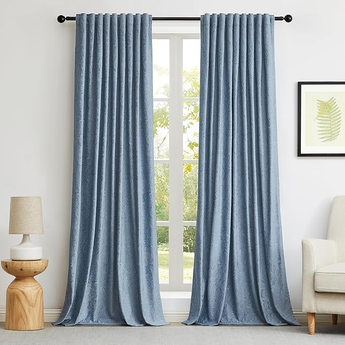 Velvet Curtains in grey-blue with floral embossed pattern for living room or bedroom,