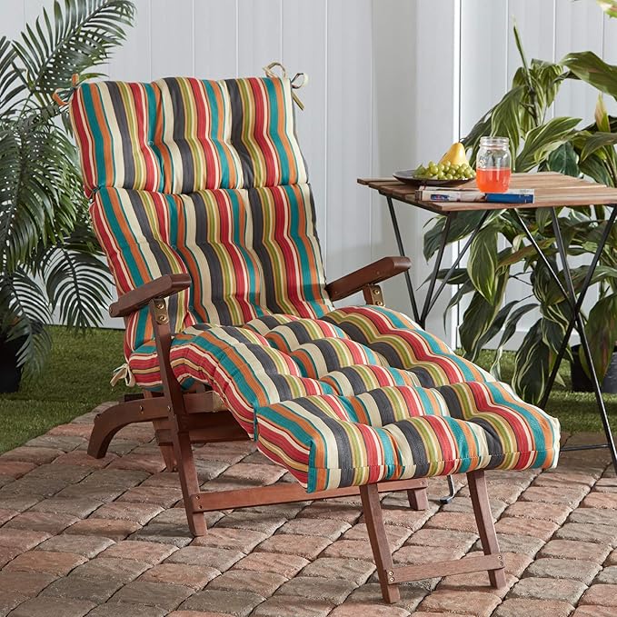 Reversible outdoor chaise lounge cushion with weather-resistant fabric, plush polyfiber filling