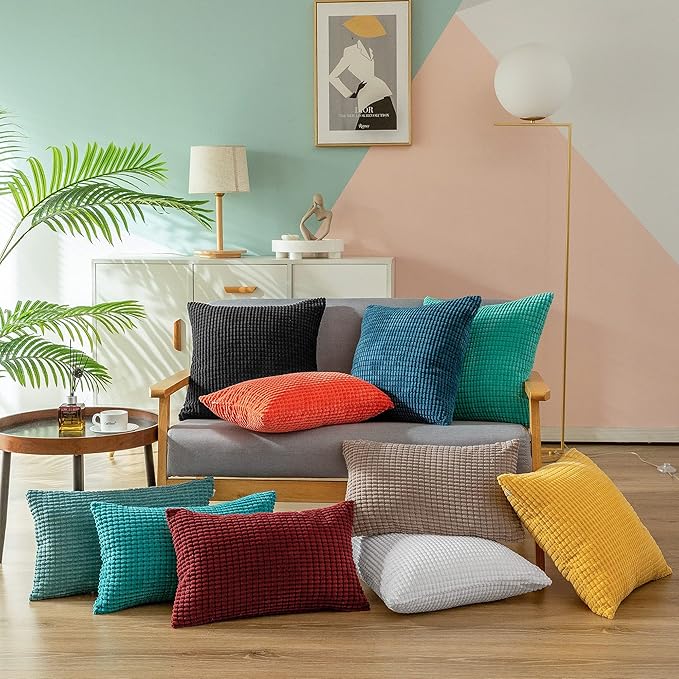 Set of 2 ultra-soft corduroy throw pillow covers with modern striped texture, hidden zipper closure