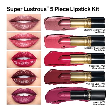 Revlon Super Lustrous 5-Piece Lipstick Gift Set featuring a mix of pearl, cream, and matte finishes 
