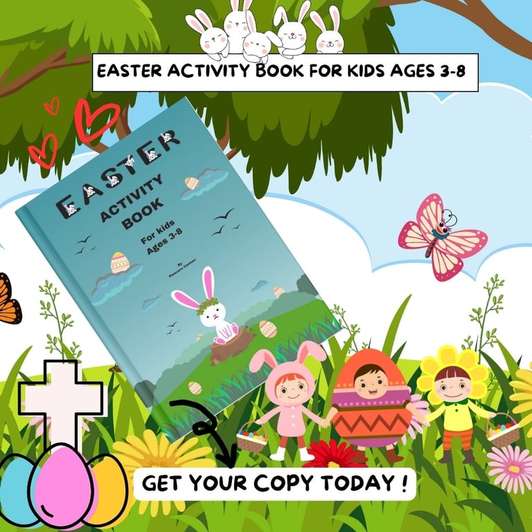 A fun and educational Easter activity book for kids aged 3-8, featuring puzzles, coloring pages