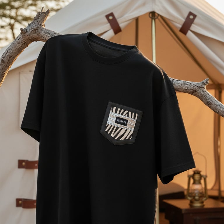 Black crew neck t-shirt with a zebra print pocket hanging on a tree branch at a campsite.