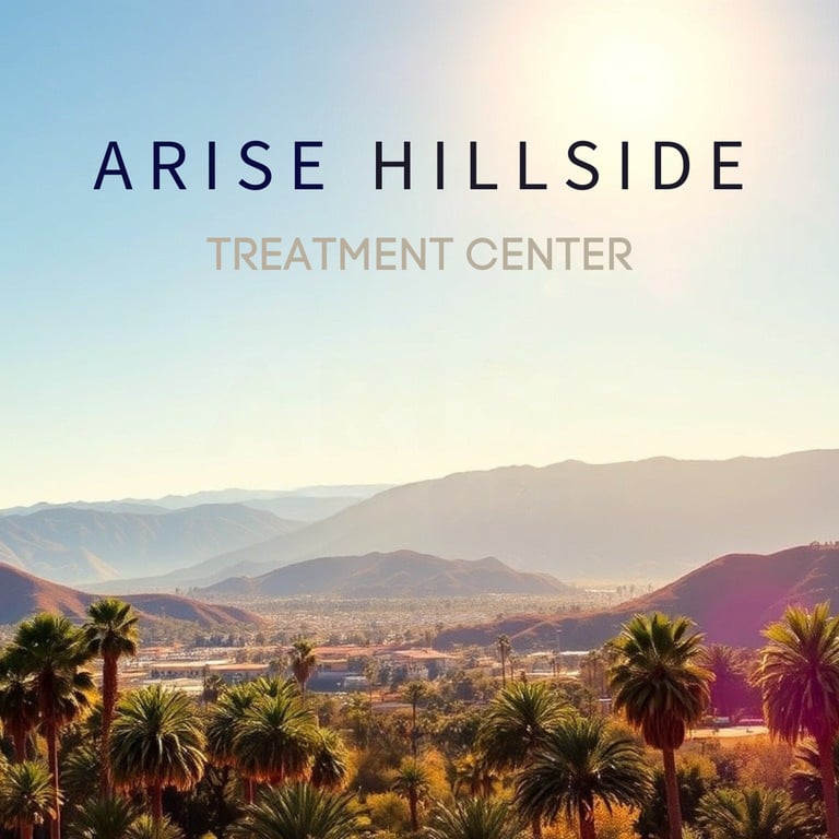 palm trees and mountains in the background with the words arisee hillside treatment center