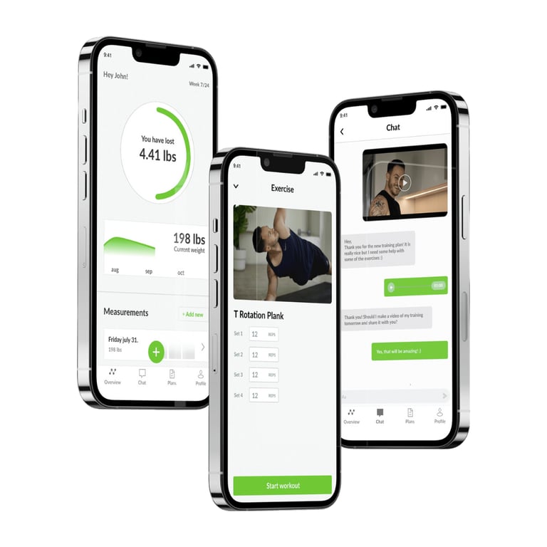 a group of three iphones with a workout app