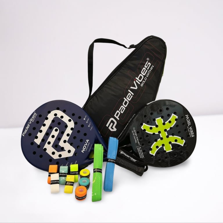 Custom Vibes collection by Padel Vibes featuring two co-branded padel rackets, colorful overgrips, and a black Padel Vibes Bo