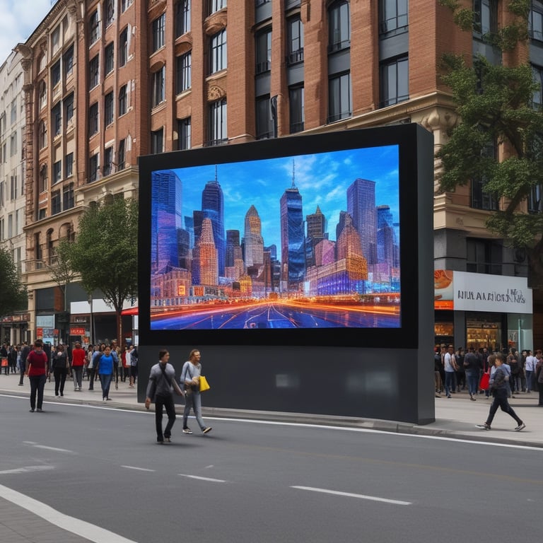 a woman is shown on a large screen in a city