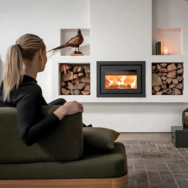 femme devant un poêle insert à bois
