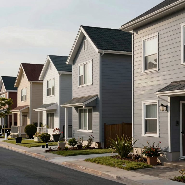 A peaceful residential street showing various homes with high-end thermal cladding in professional grey tones.