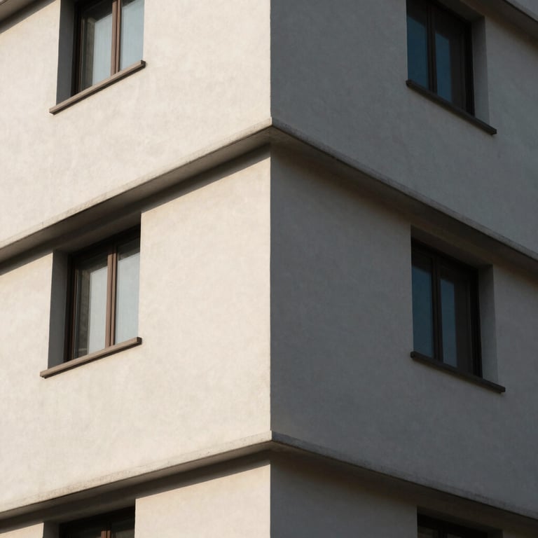 An architectural corner of a renovated building with perfect smooth rendering and high-contrast light.
