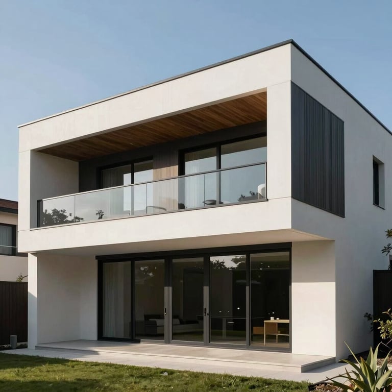 Sunlit exterior of a contemporary villa showcasing clean architectural finishes and charcoal details.