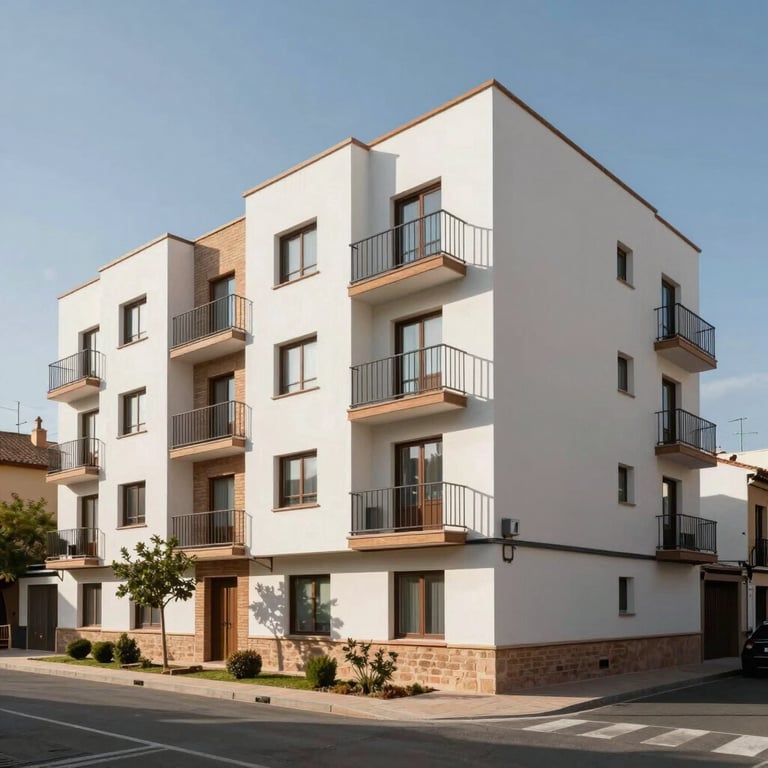 Wide shot of an energy-efficient apartment block refurbished with modern materials in a Spanish neighborhood.