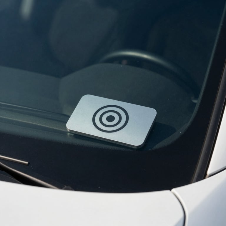 Close-up of a car windshield with a sleek, minimalist RFID mobility tag attached, sharp focus, natural light.