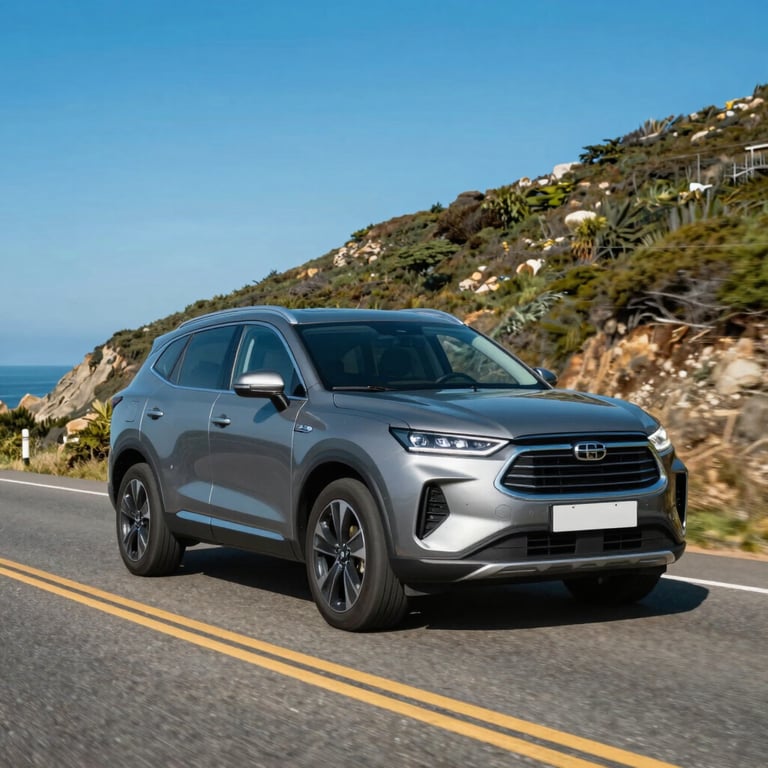 A family SUV traveling on a scenic coastal road under a clear blue sky, vibrant and professional style.