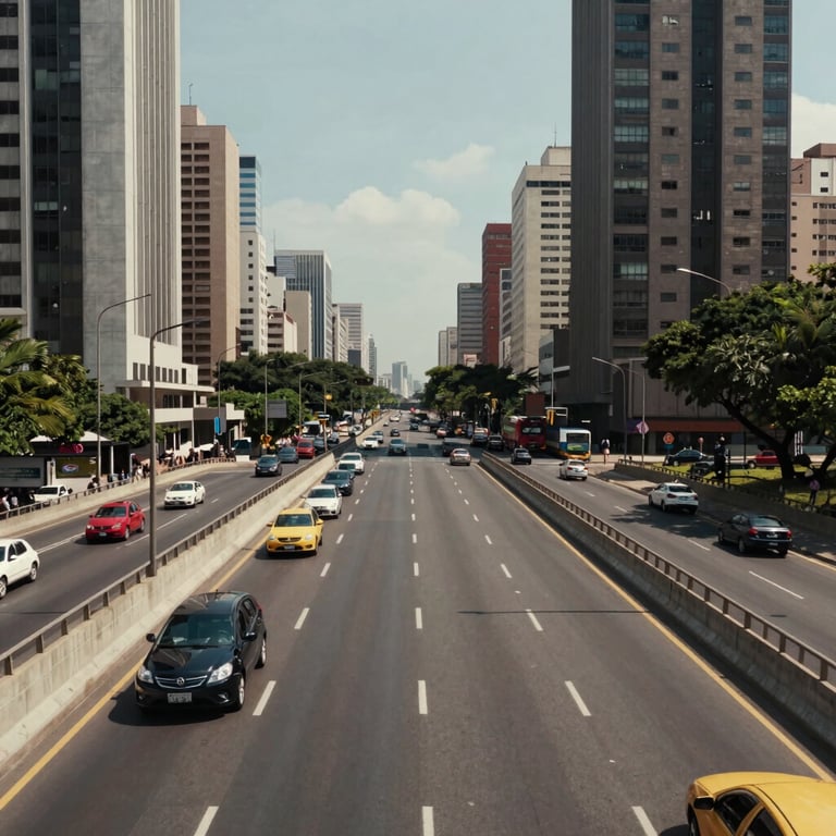 Urban traffic moving smoothly across a modern bridge in a Brazilian metropolis during the day.