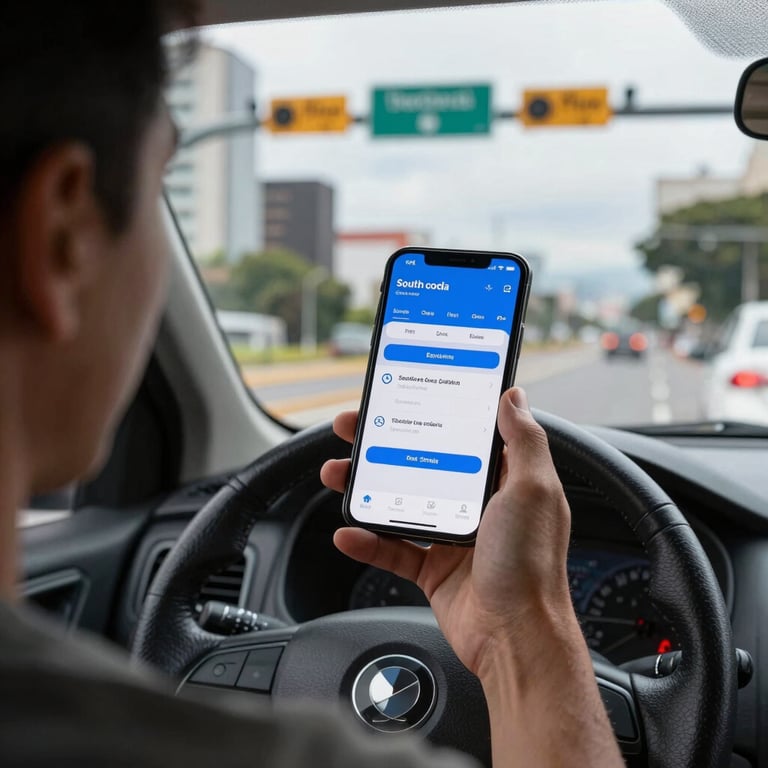 A driver in a South American city using a smartphone app to check toll history, modern urban background.