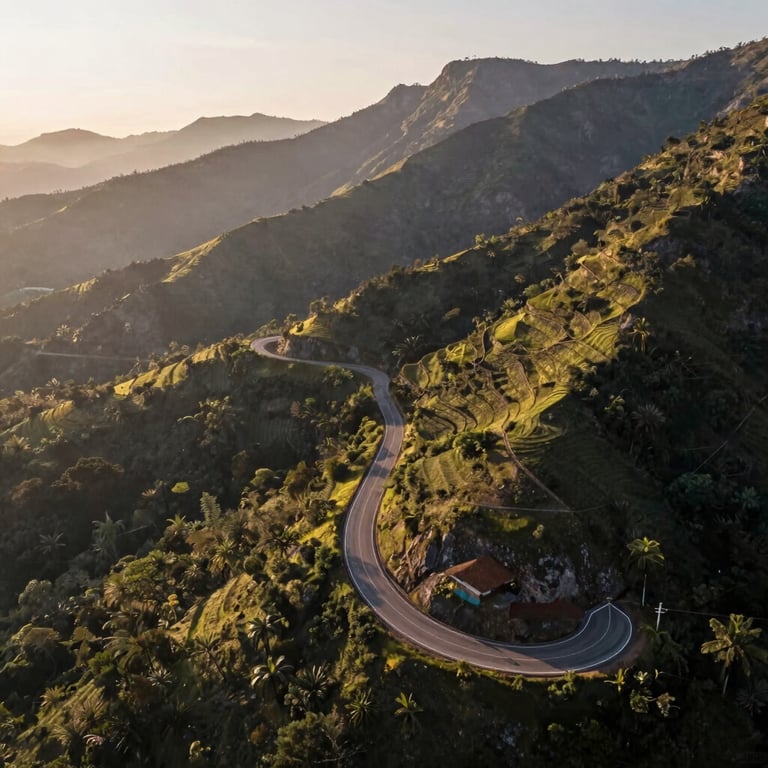 Aerial view of a winding road in the Brazilian mountains at dawn, soft morning light, professional photography.