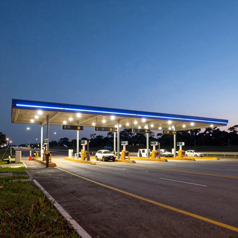A clean, modern highway toll plaza in Brazil at dusk with glowing blue and white lights.