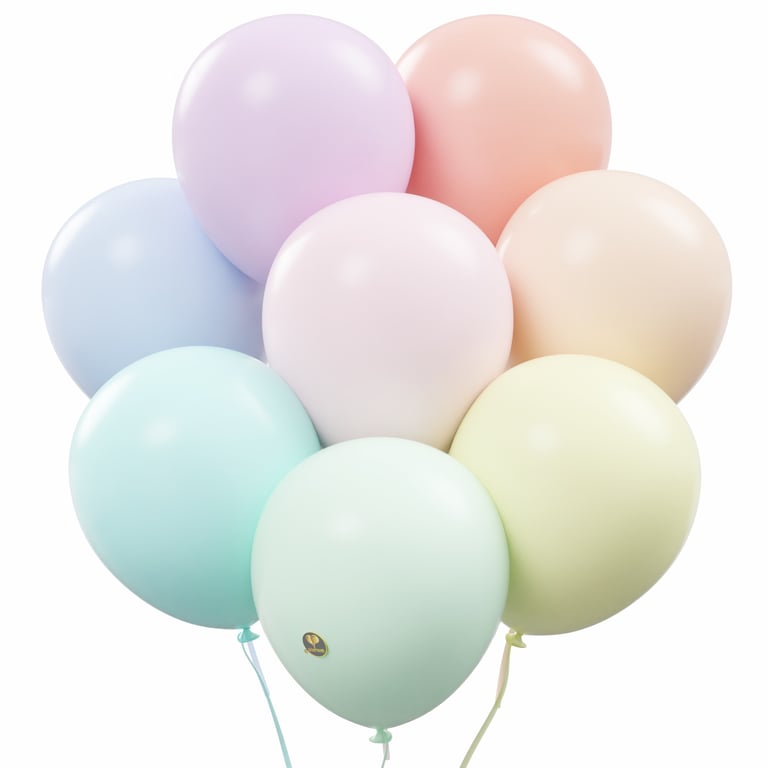 A bouquet of colorful pastel balloons in soft pink, blue, yellow, and green for party decorations.
