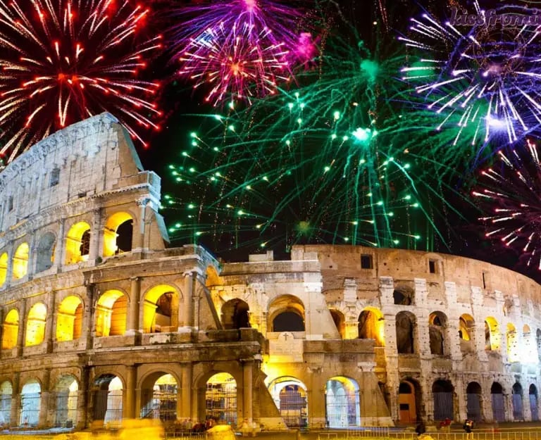 Fireworks over the Colosseum in Rome celebrating New Year’s Eve in Italy