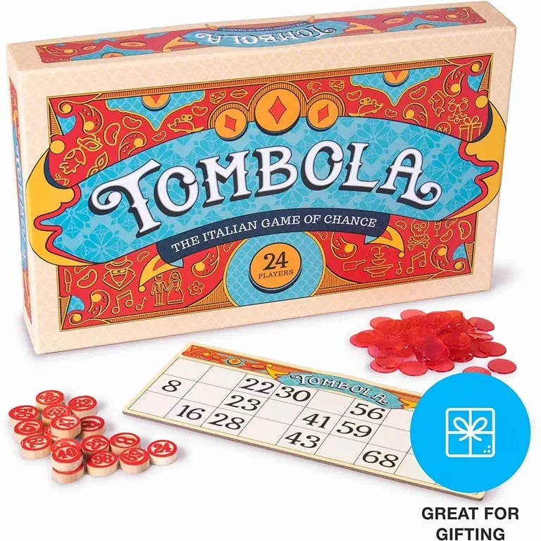 Italian tombola game with cards and number tokens, traditionally played on New Year’s Eve