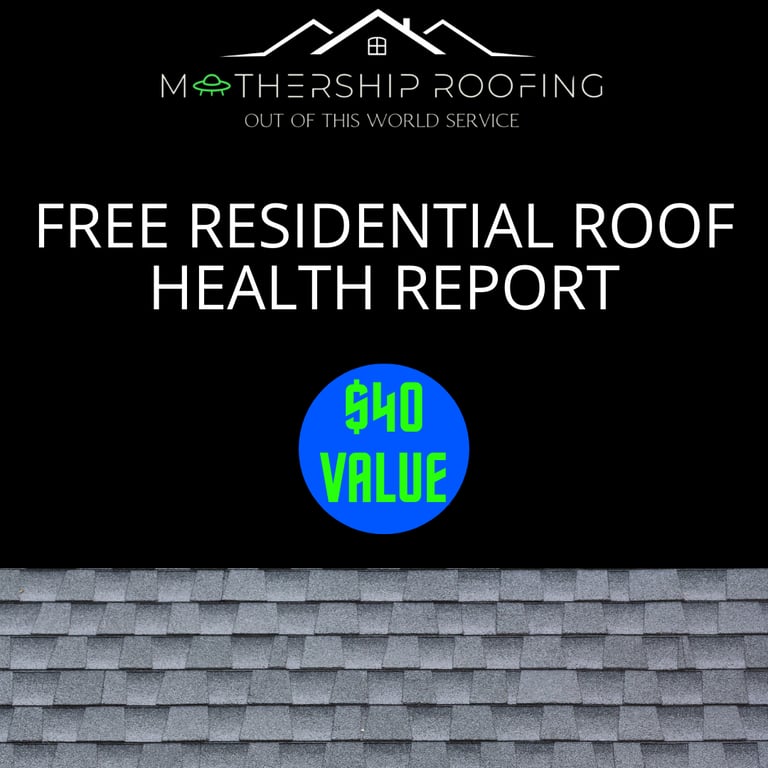 A grey roof against a black background advertising a free roof health report