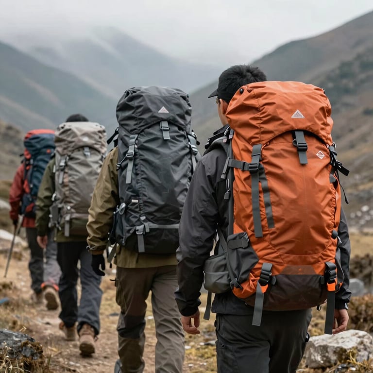 A group of hikers in a South Asian landscape carrying large, durable trekking backpacks in various shades of grey and orange.