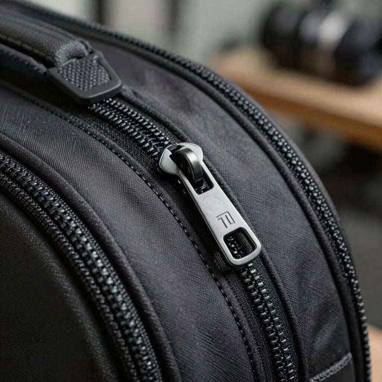 Close-up macro photography of precision stitching and durable zippers on a premium travel bag, industrial workshop lighting.