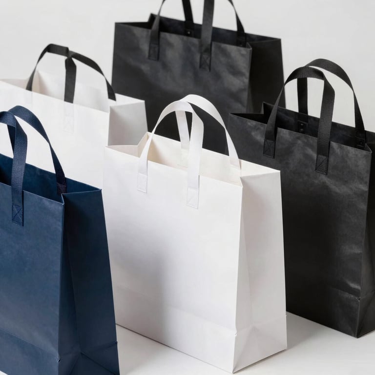 An assortment of high-quality corporate gift bags with clean lines and professional finishes, arranged in a bright studio setting.