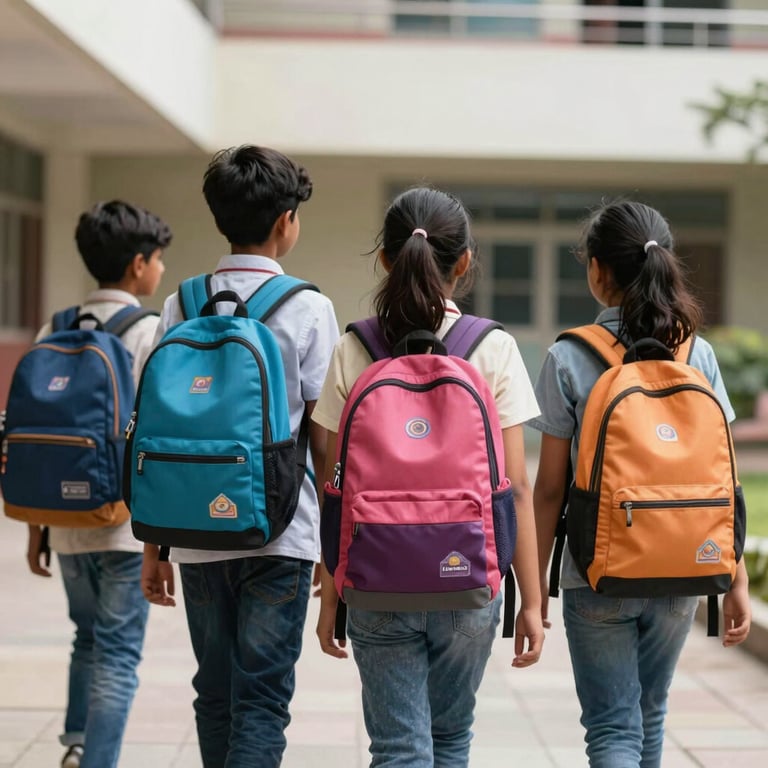 South Asian students wearing ergonomic, colorful school bags while walking together in a bright, modern school campus.