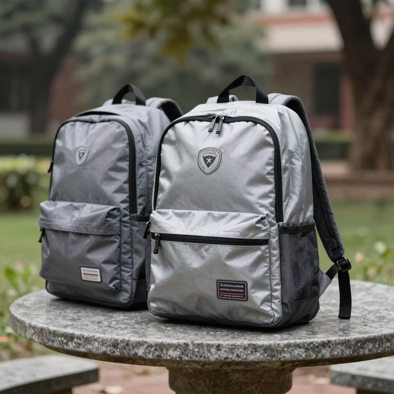 Modern college rucksacks in silver and wet asphalt grey, sitting on a stone table in a South Asian university garden.