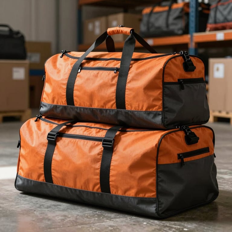 Large orange and charcoal travel duffel bags stacked in a sunlit logistics hub, showing high-quality zippers and reinforced handles.