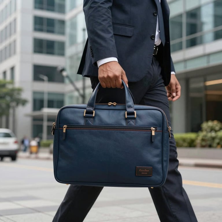 Professional leather-trimmed office laptop bags in midnight blue, held by a South Asian professional walking through a modern business district in Hyderabad.