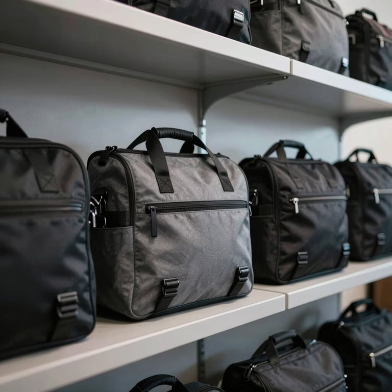A row of sleek, black and grey messenger bags for office use, displayed on a minimalist silver shelf in a professional showroom.