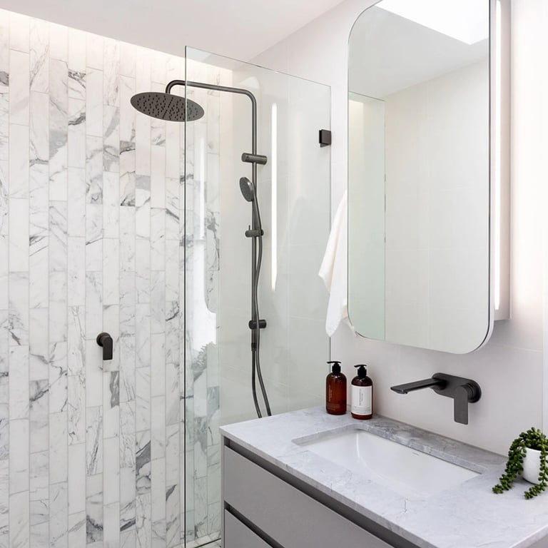 Compact yet luxurious bathroom, maximazing space with intelligent storage and heritage-inspired details