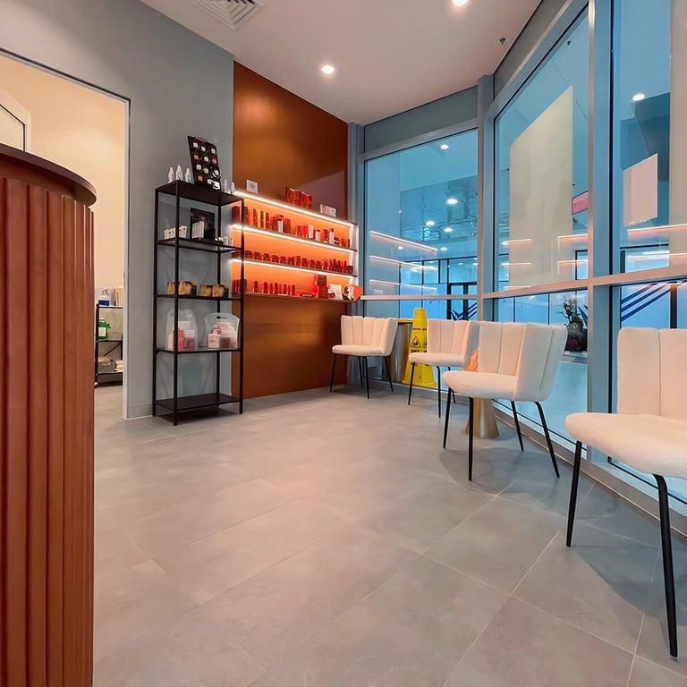 Custom bronze LED shelving for skincare product display