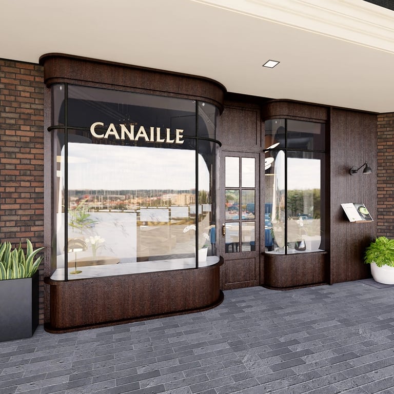 Parisian-inspired restaurant facade with dark timber, brass signage, and exposed brickwall at Surry Hills, Sydney