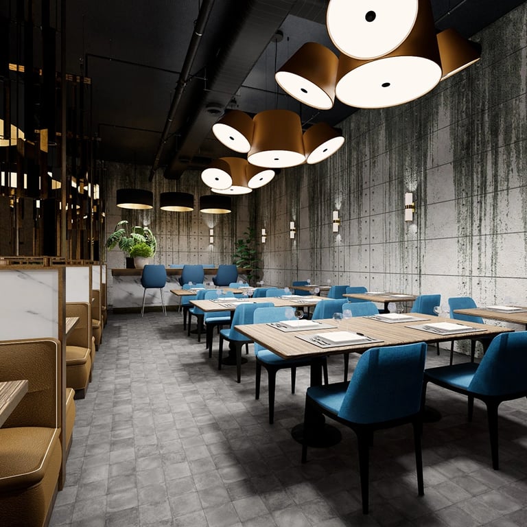 Sophisticated restaurant interior featuring exposed concrete walls, artisan glass pendants and rich burgundy upholstery.